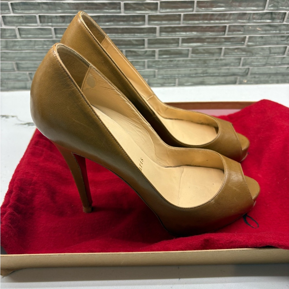 Christian Louboutin Tan Peep-Toe Heels